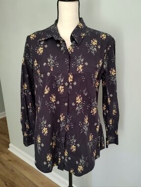 Peruvian Connection Black Yellow Floral Button Down Shirt Cotton Spandex L